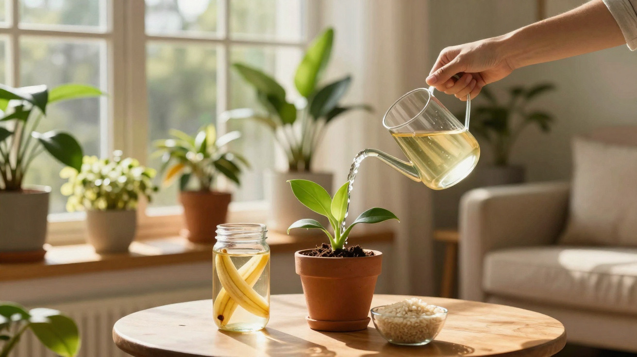 Mão a regar planta em vaso com regador transparente, jarro com infusão e tigela pequena numa mesa de madeira.