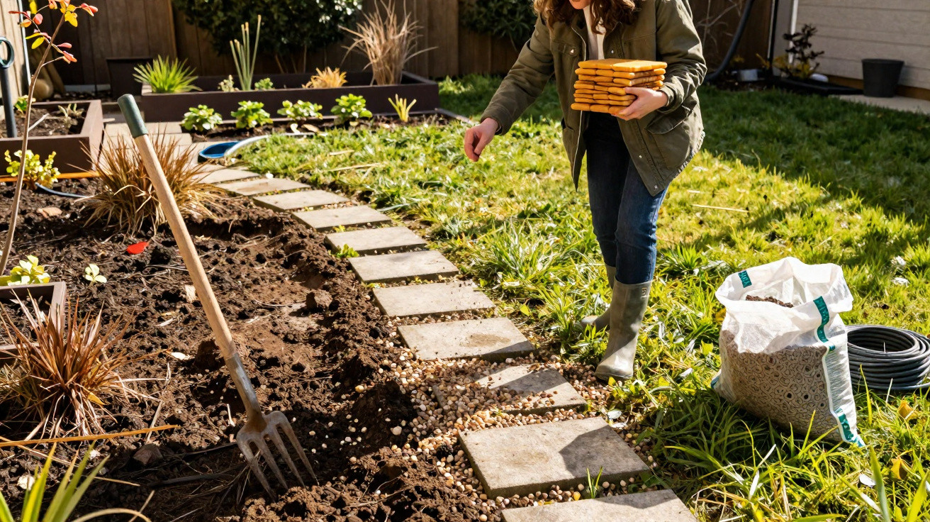 Pessoa a semear sementes num jardim com ancinho, saco de sementes e caminho de pedra.