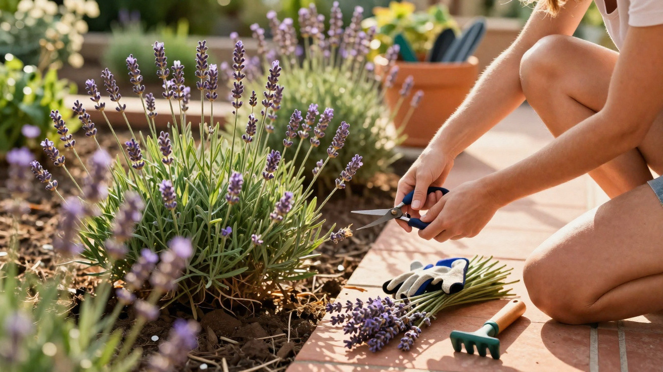 Pessoa a cortar flores de lavanda num jardim com tesoura de podar, luvas e ferramentas ao lado.