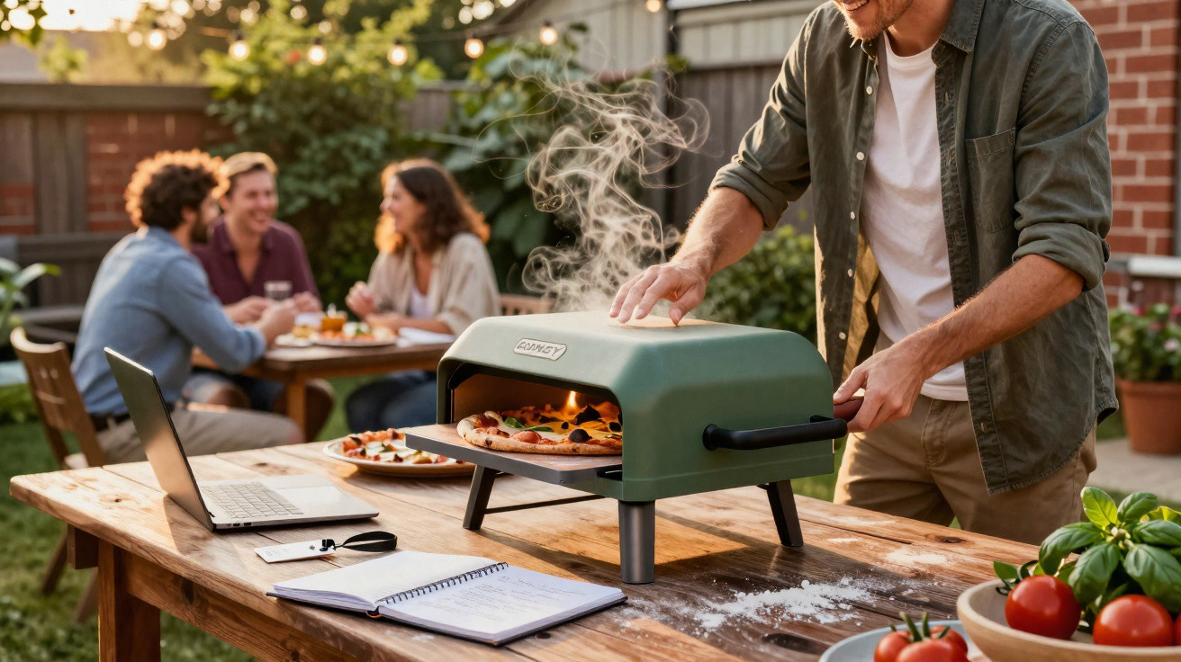 Homem retira pizza fumegante de forno portátil ao ar livre com amigos sentados ao fundo.