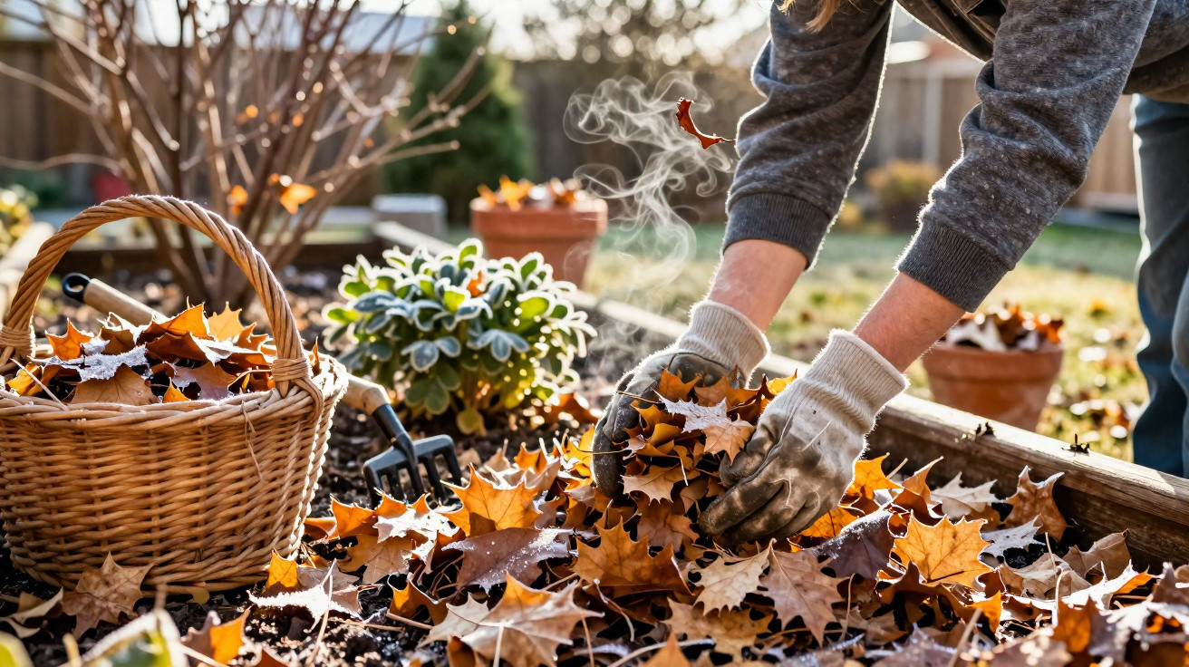 Pessoa a recolher folhas secas num jardim com luvas de proteção e cesta de vime ao lado.