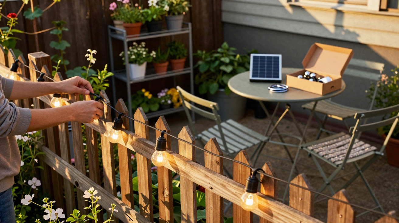 Pessoa a colocar luzes solares numa vedação de madeira num jardim com mesa, cadeiras e várias plantas.
