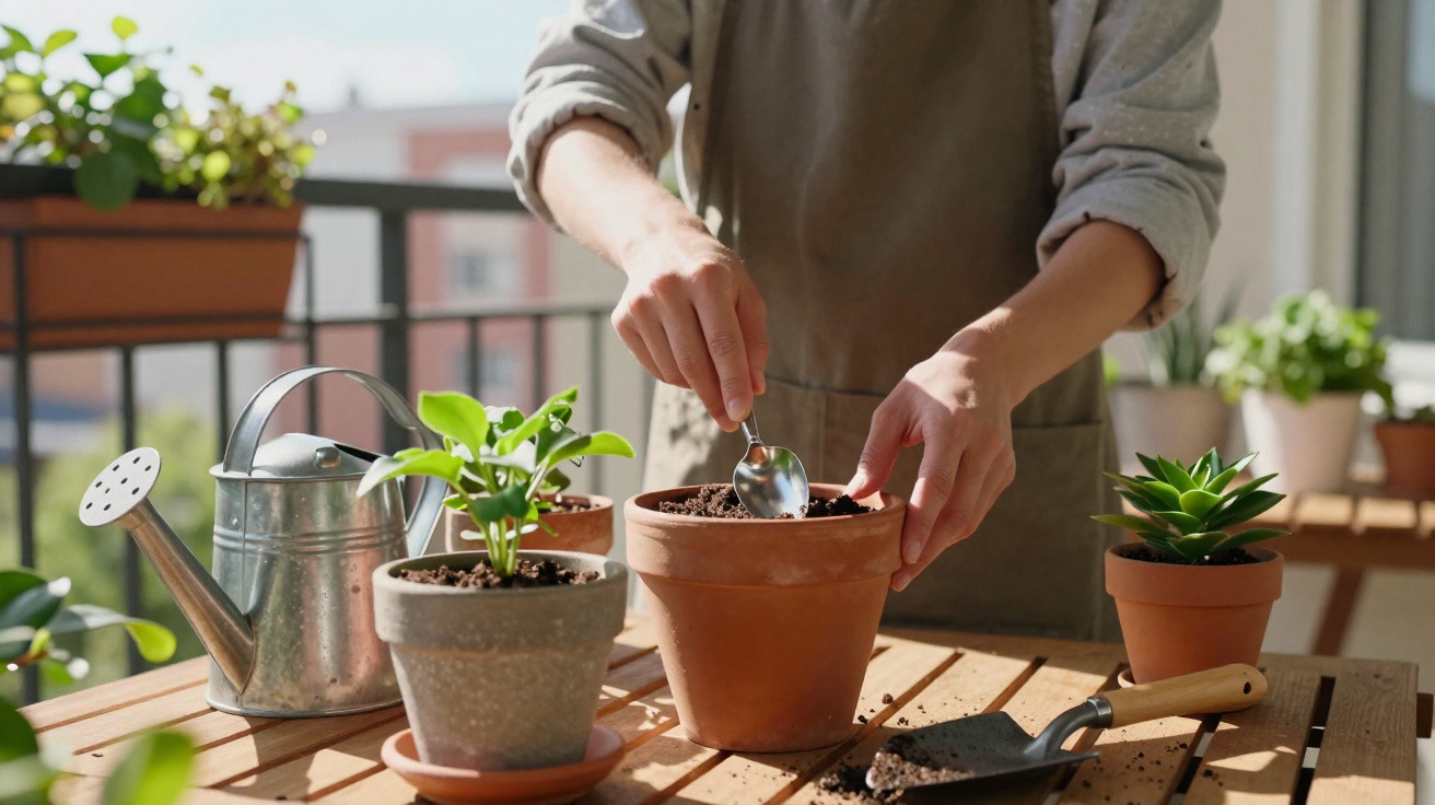 Pessoa a preparar terra com colher em vaso de barro para plantar, rodeada de vasos e regador num terraço.
