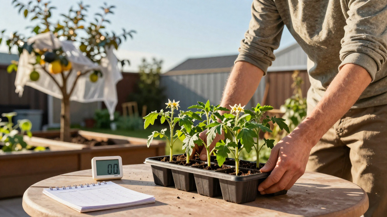 Pessoa a cuidar de plantas jovens num tabuleiro, com caderno e cronómetro numa mesa circular ao ar livre.