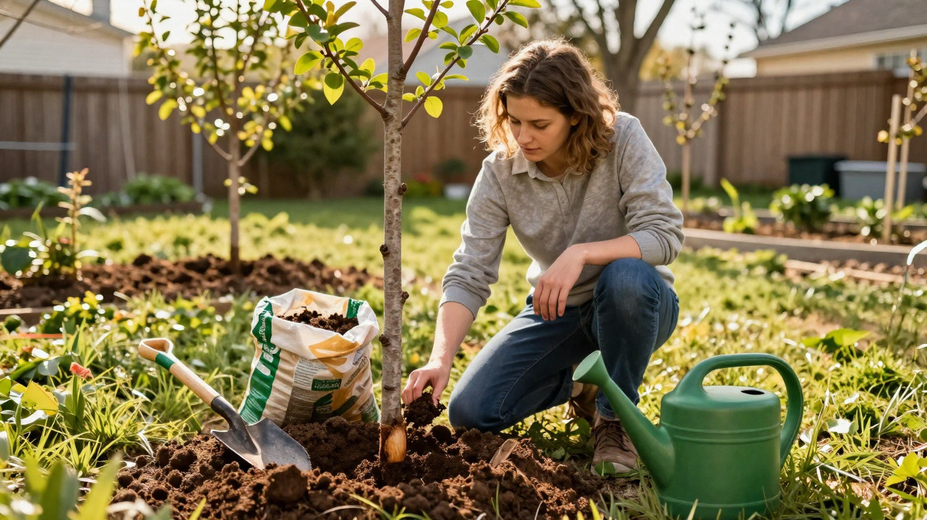 Mulher a plantar uma árvore no jardim, rodeada de terra, regador verde e saco de fertilizante.
