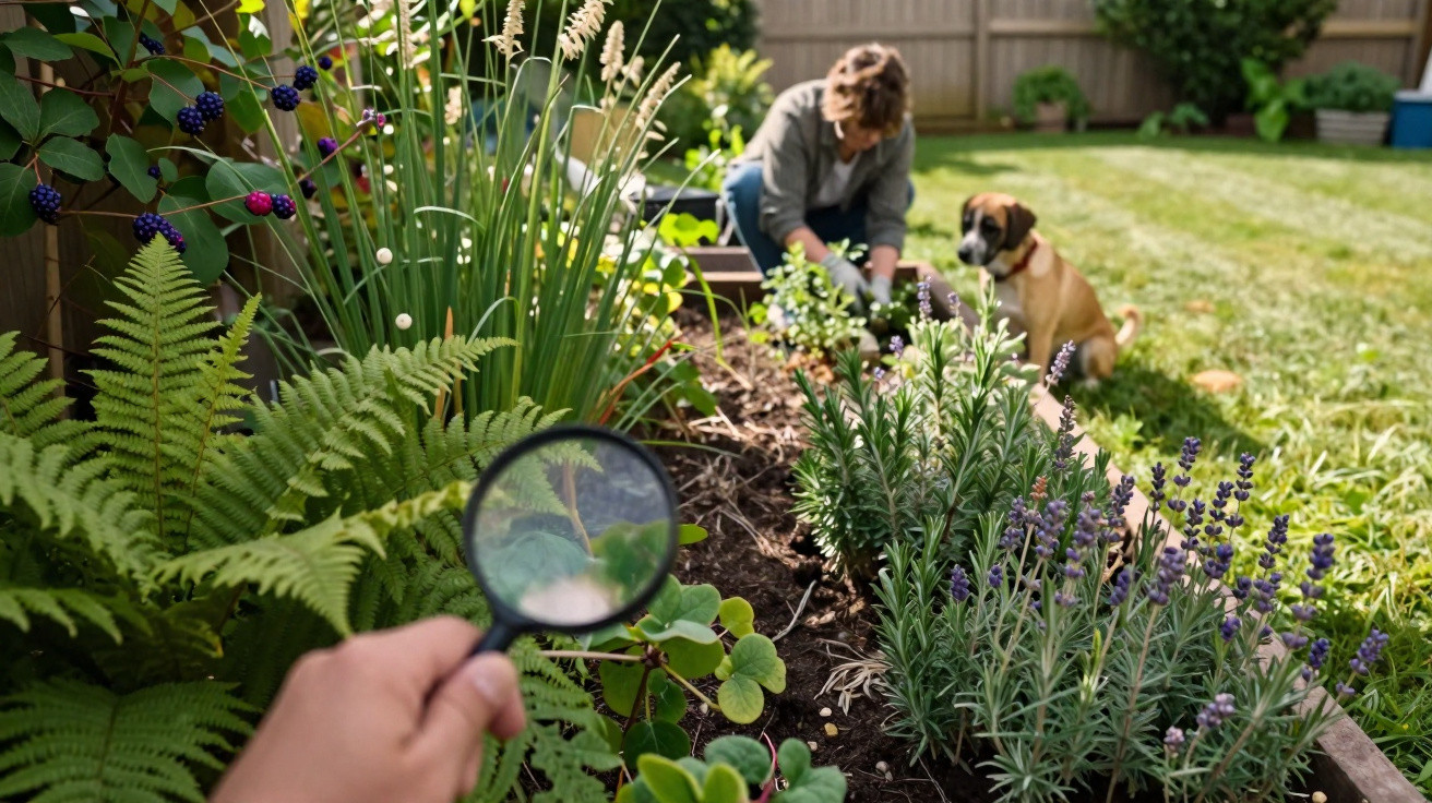 Pessoa a observar plantas com lupa num jardim, enquanto outra pessoa e um cão estão ao fundo.