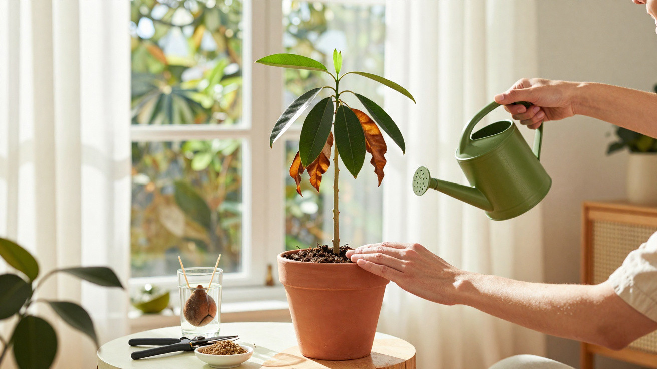 Pessoa a regar planta com folhas secas numa jarra verde num interior iluminado por janela.