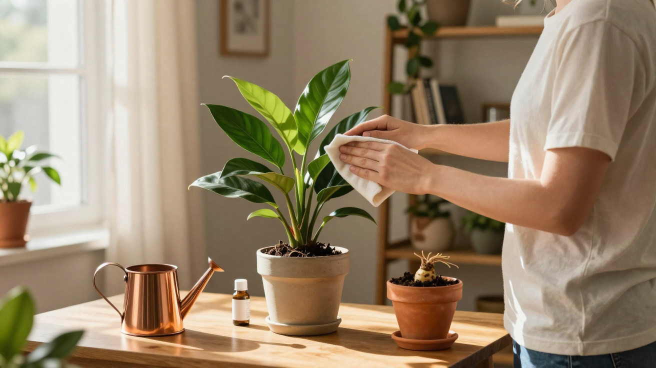 Pessoa a limpar as folhas de uma planta num vaso num ambiente acolhedor e iluminado por luz natural.