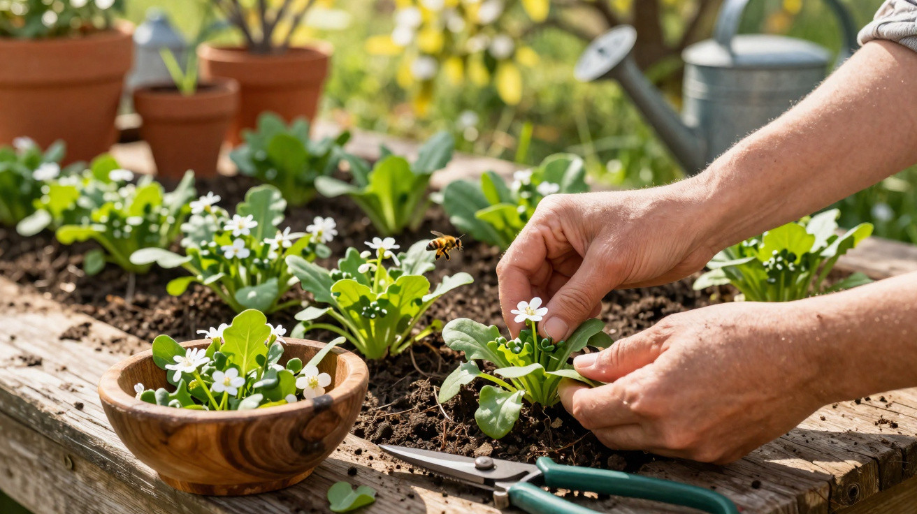 Mãos a cuidar de plantas com flores brancas numa horta elevada, com tesoura e abelha em destaque.