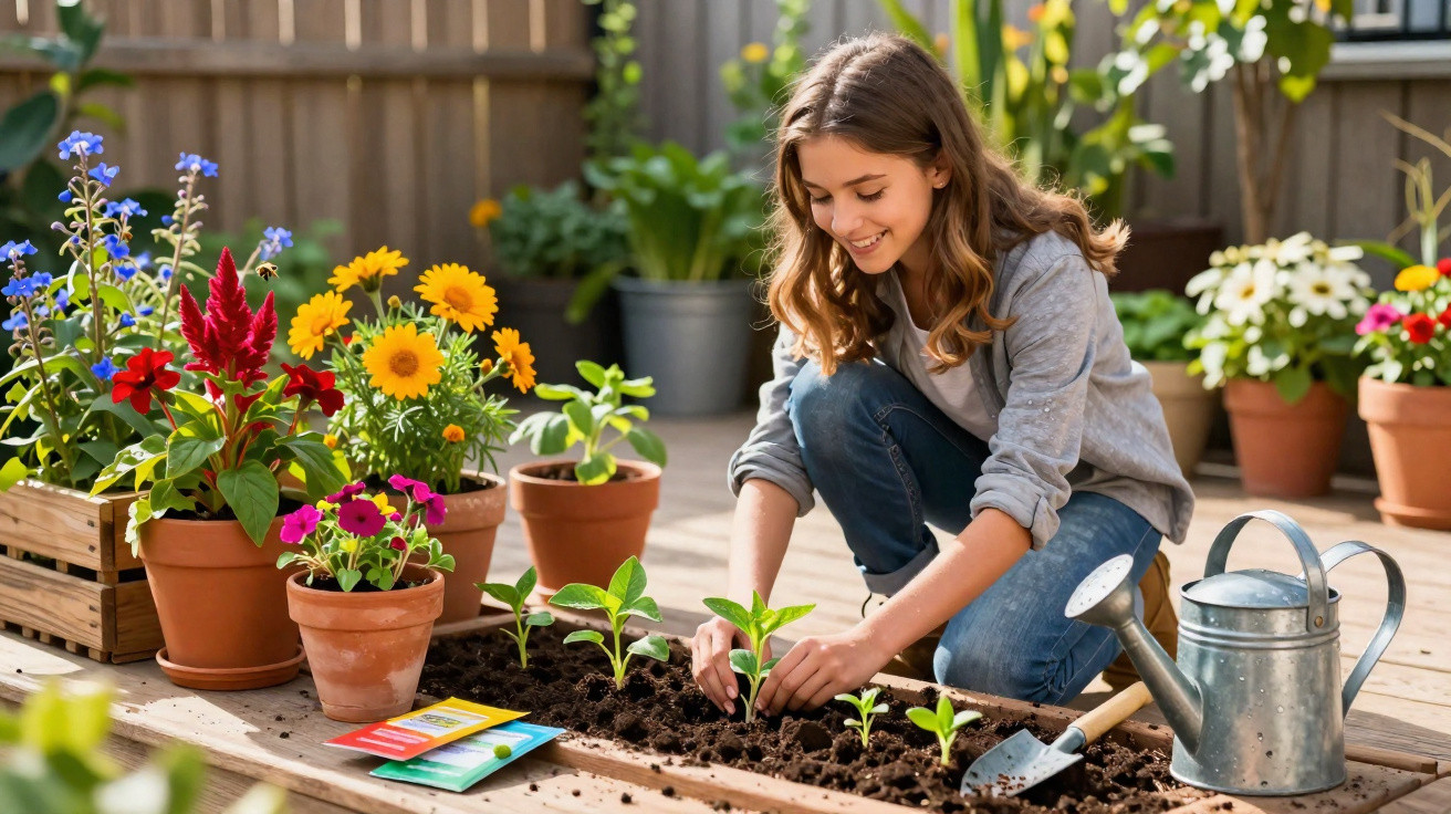 Jovem a plantar mudas num canteiro, rodeada por vasos de flores coloridas num jardim ensolarado.