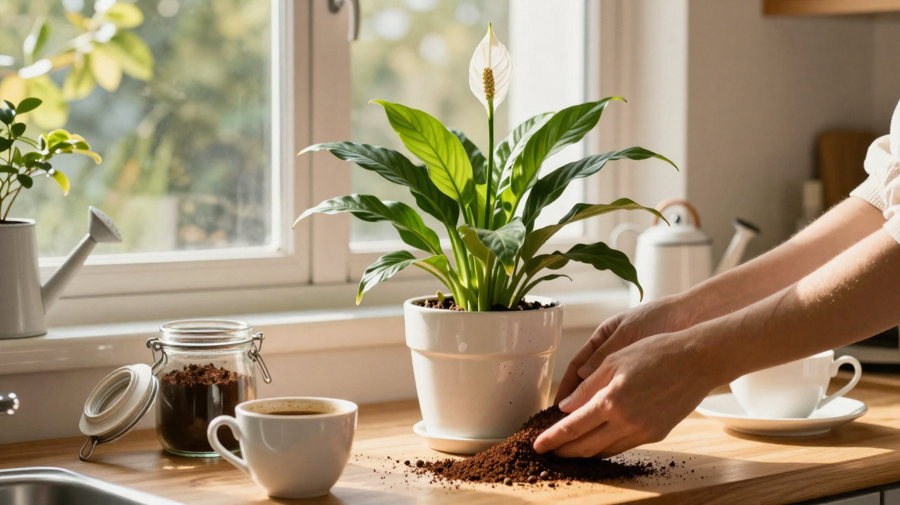 Pessoa a usar borra de café para adubar planta num vaso branco numa cozinha bem iluminada.