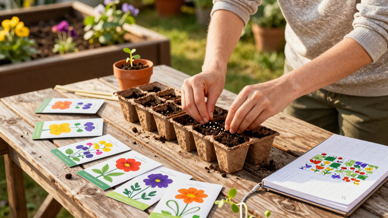 Pessoa a plantar sementes em tabuleiro biodegradável com pacotes de sementes e caderno de jardinagem.