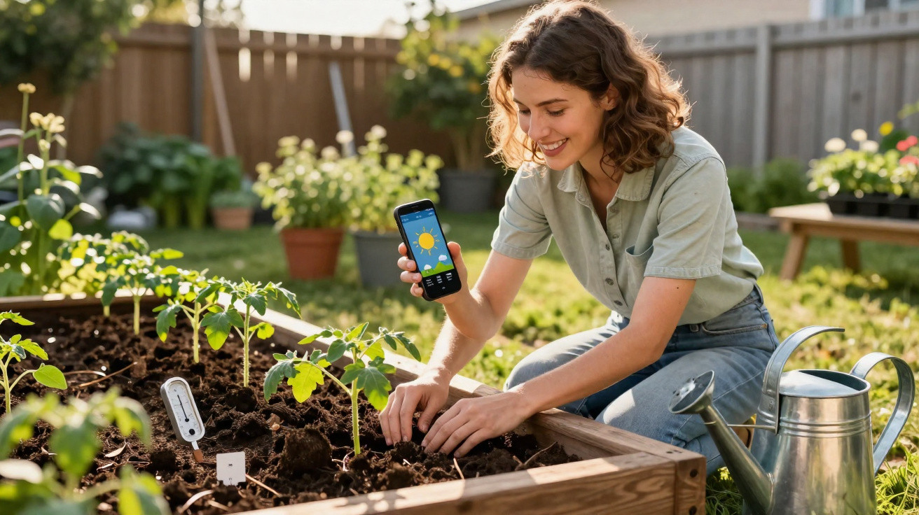 Mulher sorridente a cuidar de plantas numa horta, segurando telemóvel com aplicação de meteorologia ao sol.