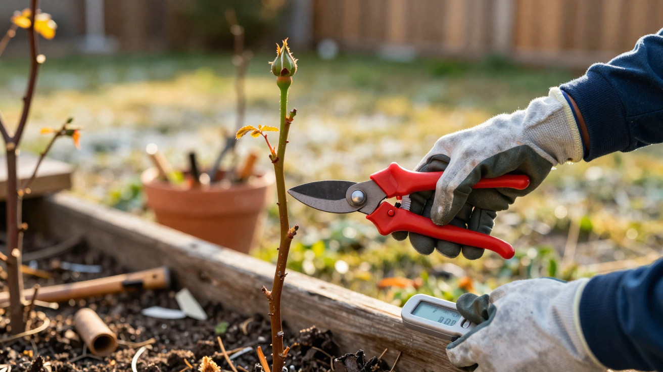 Mãos com luvas a podar um ramo fino de planta num jardim com tesoura vermelha e técnica de medição.