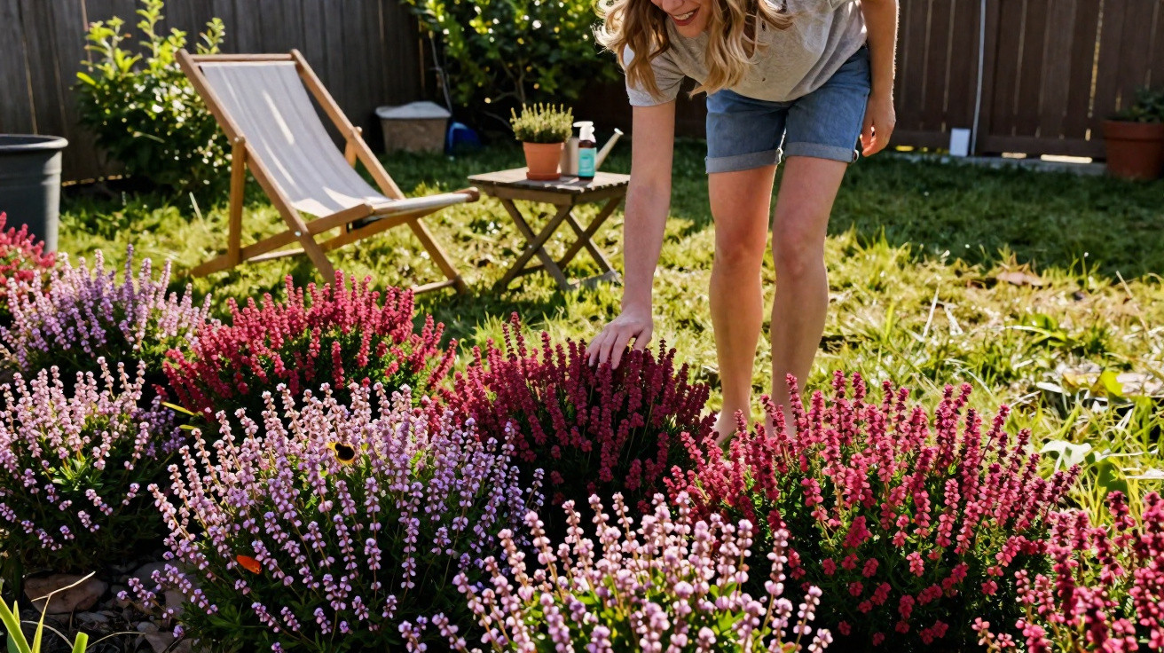 Mulher a cuidar de flores coloridas no jardim, com cadeira de descanso e mesa ao fundo.