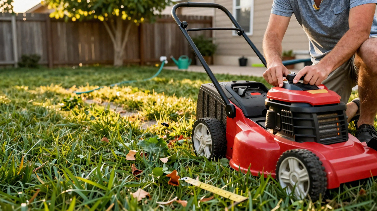 Pessoa a preparar um cortador de relva vermelho num jardim com relva verde e folhas secas espalhadas.