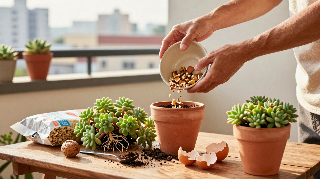 Pessoa a colocar cascas de ovos e resíduos em vaso de barro para preparo de plantas suculentas.