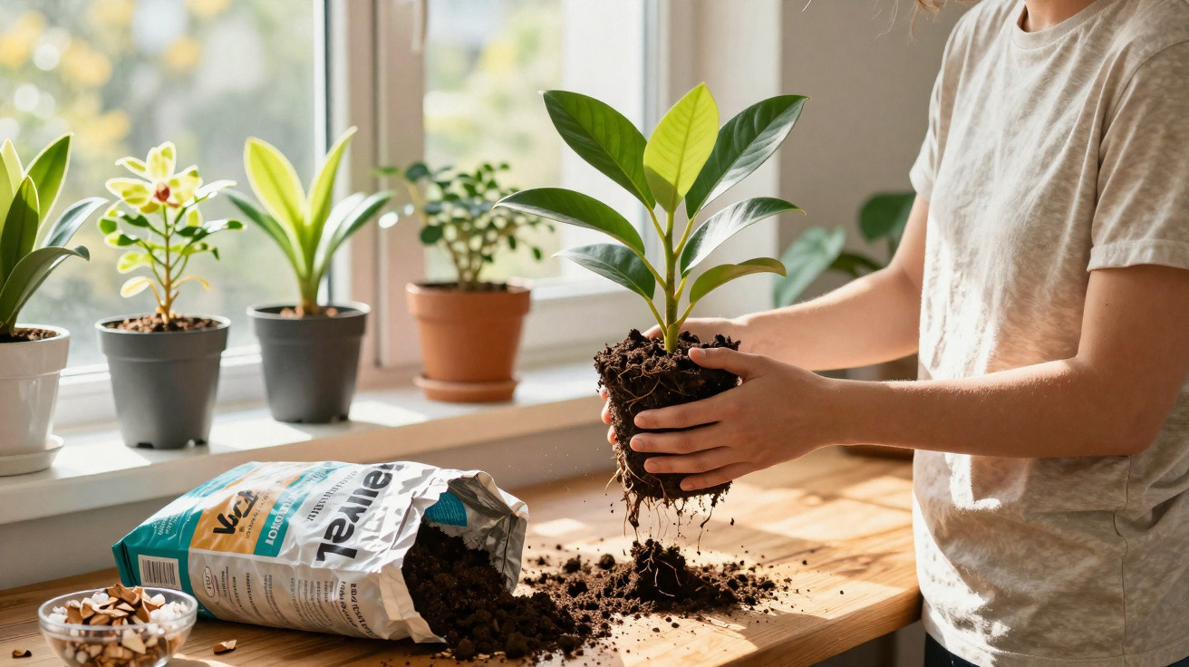 Pessoa a transplantar planta com terra, perto de janela com várias plantas em vasos.