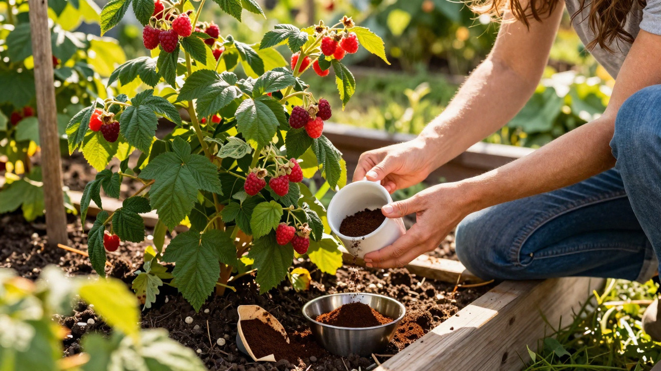 Pessoa a cuidar de plantas de framboesa numa horta, preparando adubo orgânico para o solo.