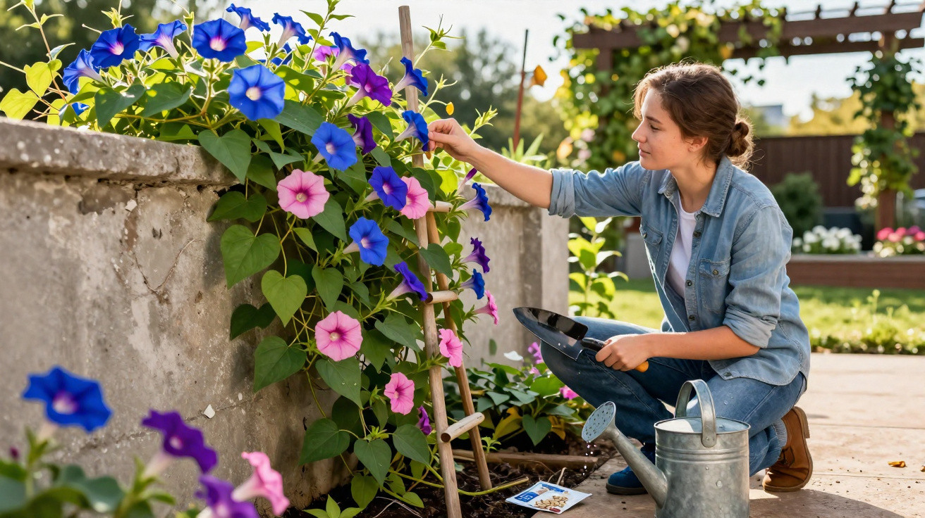 Jovem mulher a cuidar de flores coloridas numa vedação de jardim num dia ensolarado.
