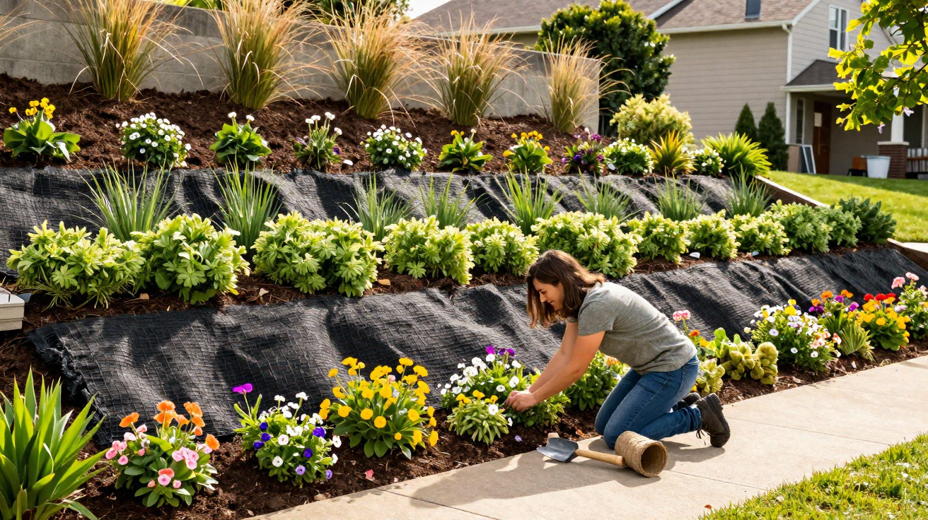 Mulher a cuidar de flores coloridas num jardim com plantas organizadas em camadas junto a passeio.