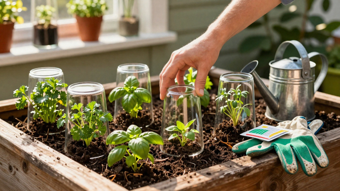 Mão a cobrir plantas jovens com copos invertidos numa caixa de madeira para proteger do frio, ao lado de regador e luvas.