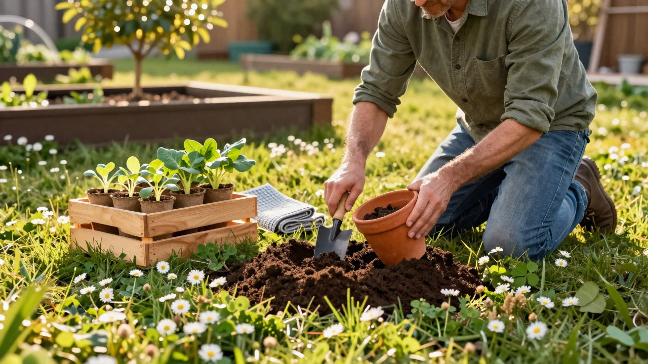 Homem a plantar plantas jovens num jardim com terra e flores ao redor, num dia ensolarado.
