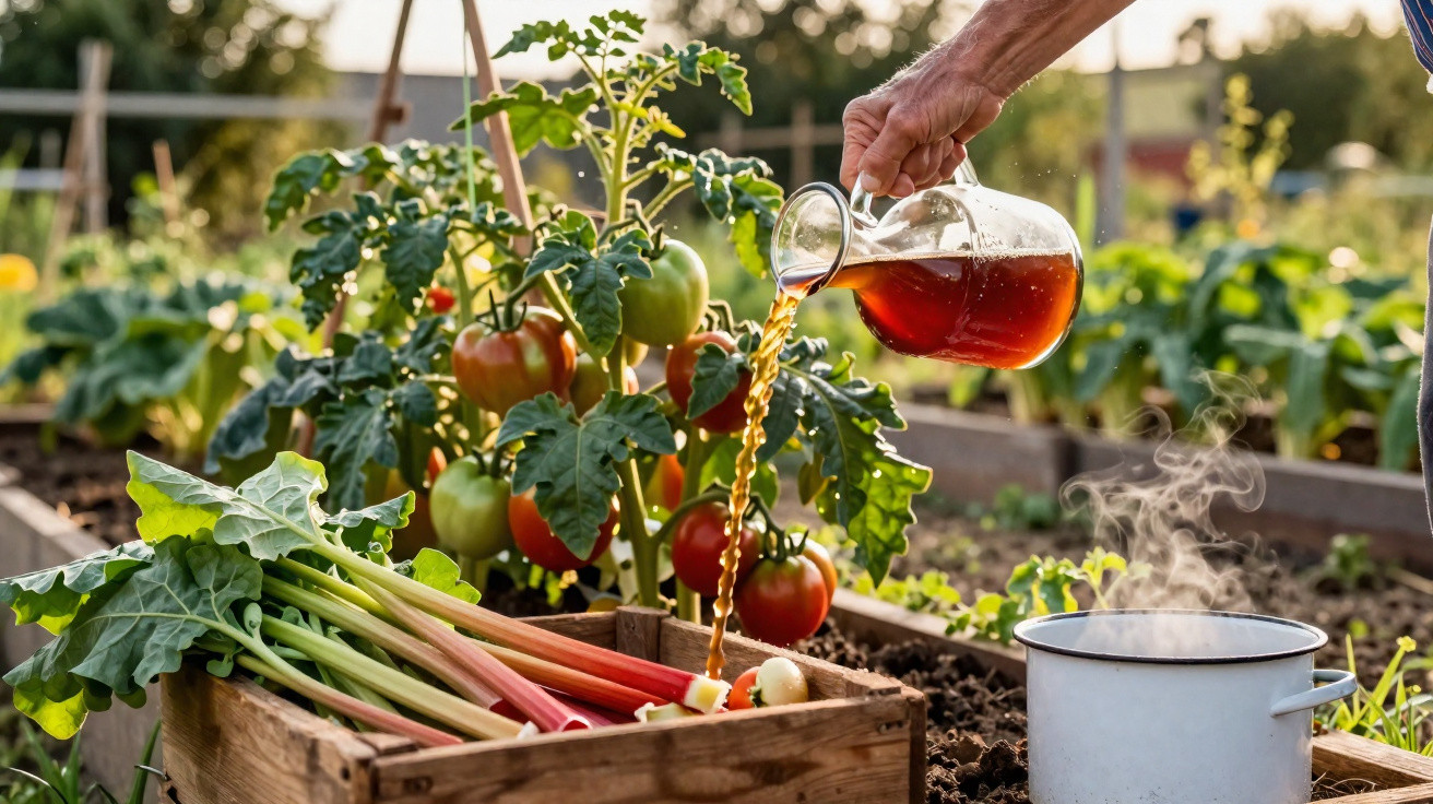 Mão a regar planta de tomate com chá quente, legumes frescos numa caixa de madeira num jardim.