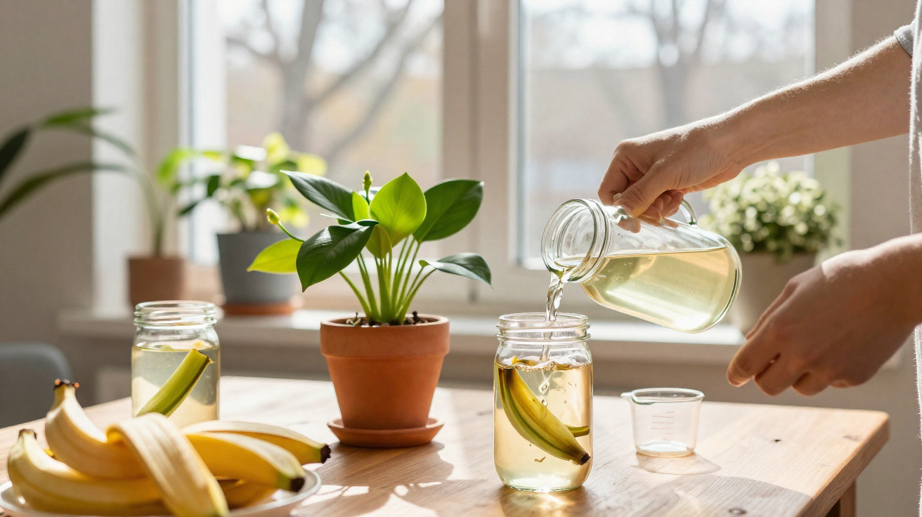 Mãos a despejar líquido num frasco com banana em mesa de madeira com plantas e luz natural.
