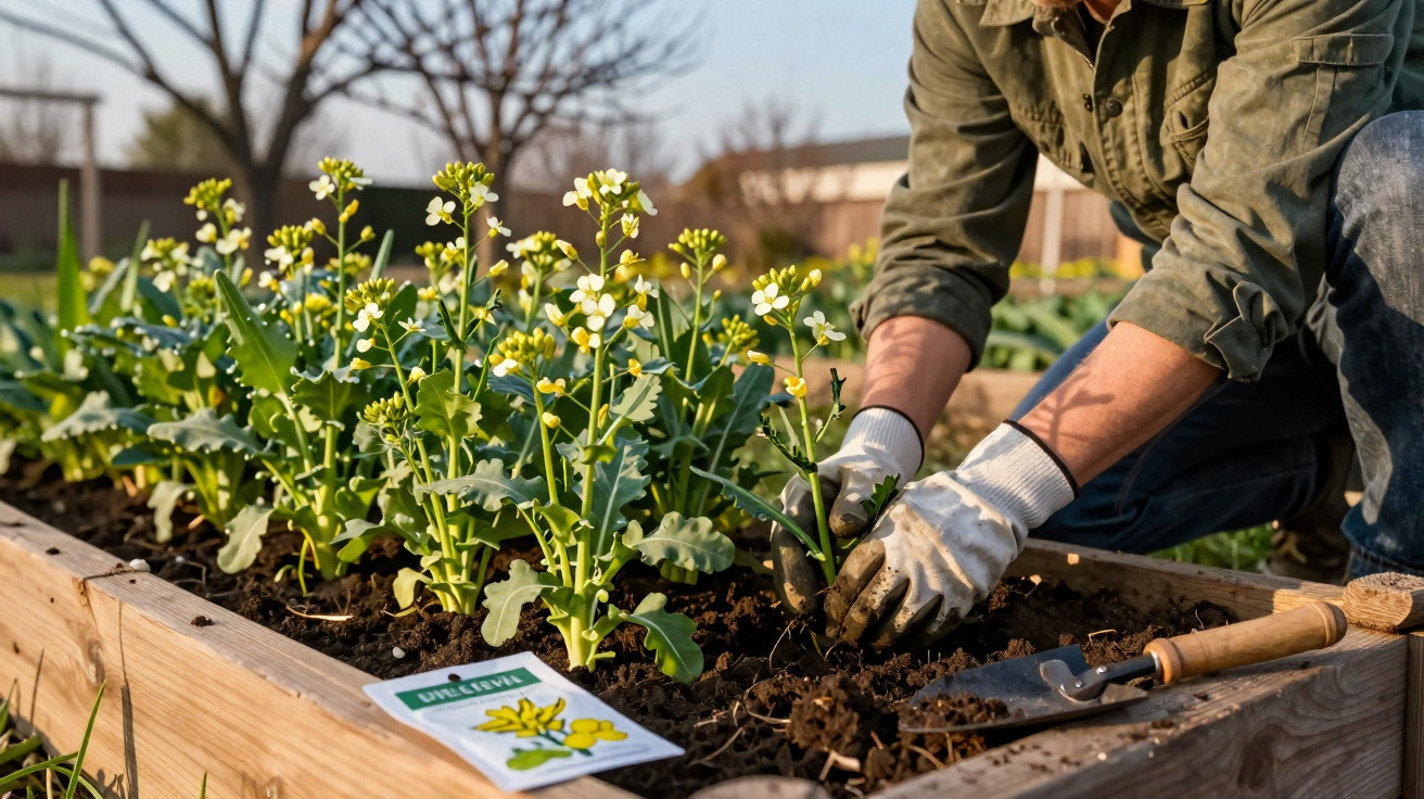 Pessoa a plantar vegetais em canteiro elevado com luvas e ferramenta de jardinagem.