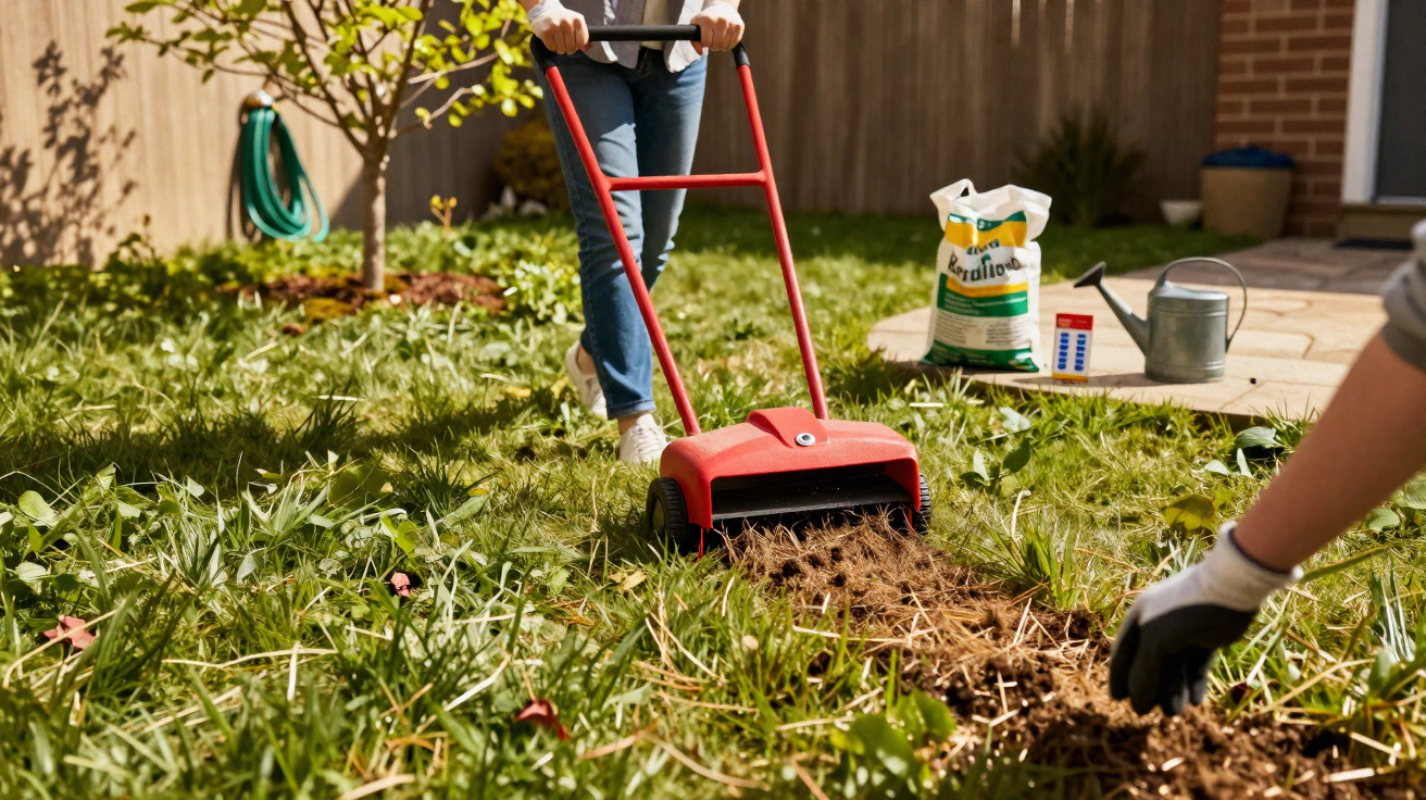 Pessoa a usar aeração manual no relvado de jardim com acessórios como regador e fertilizante ao fundo.