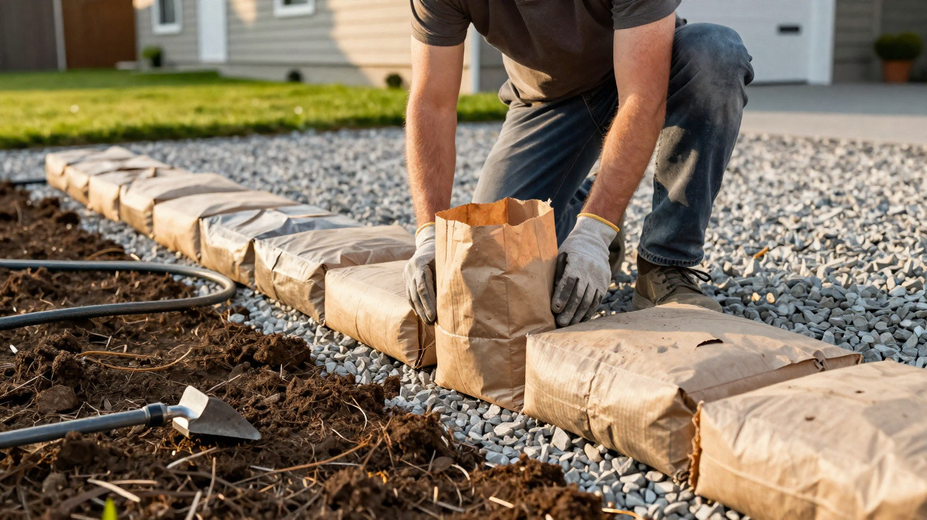 Pessoa a preparar sacos de papel para delimitar uma zona de jardim junto a pedras decorativas e terra.