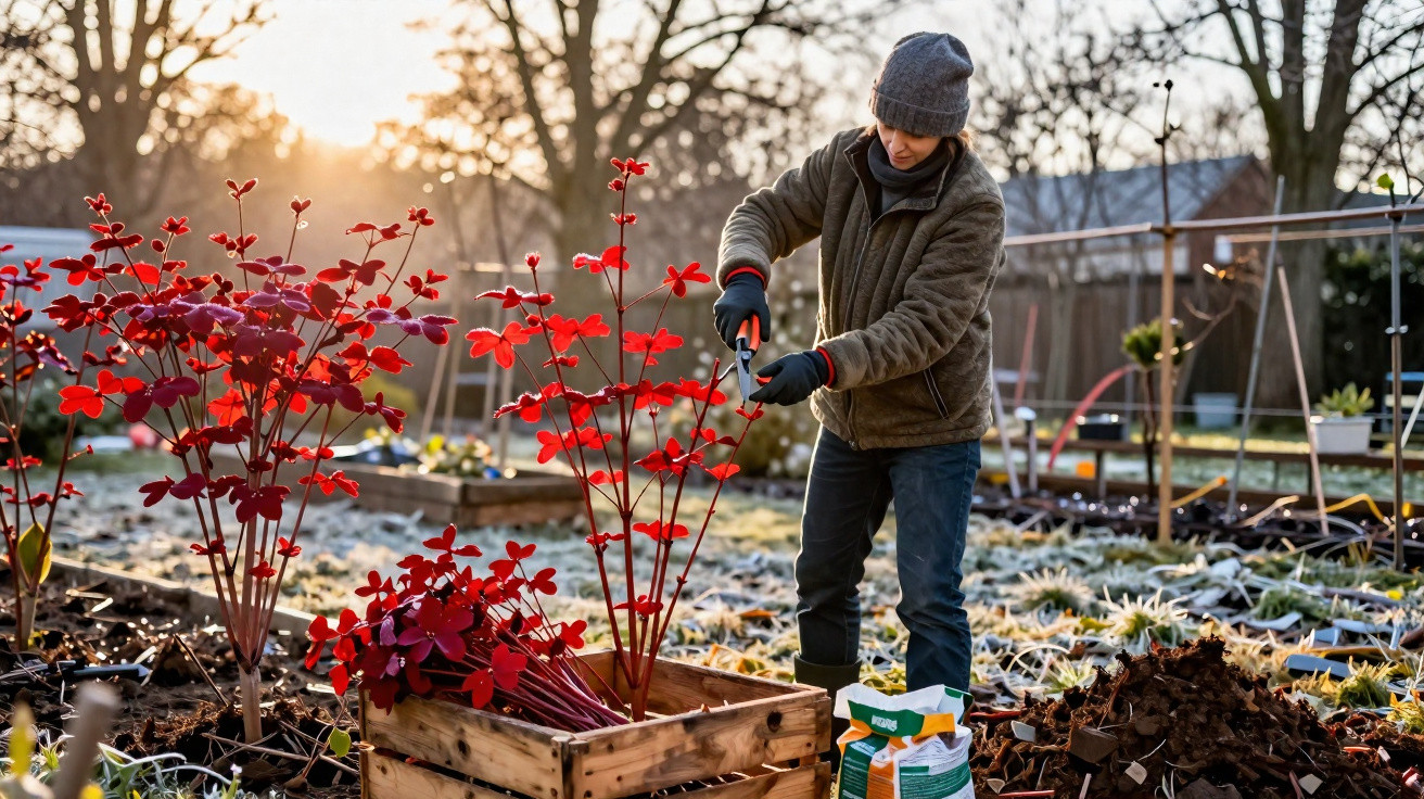 Pessoa a podar plantas vermelhas num jardim ao ar livre durante o amanhecer de inverno.