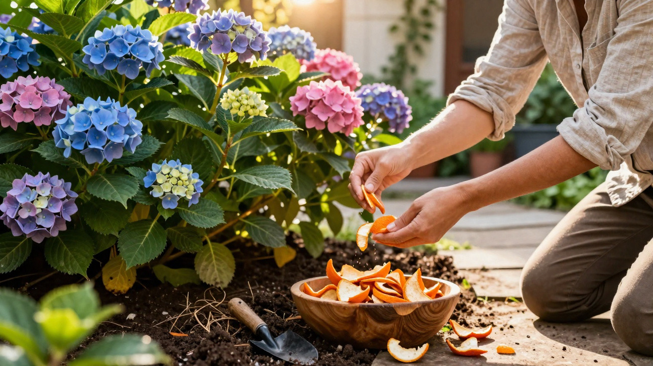 Pessoa a alimentar plantas de hortênsia com cascas de laranja num jardim ensolarado.