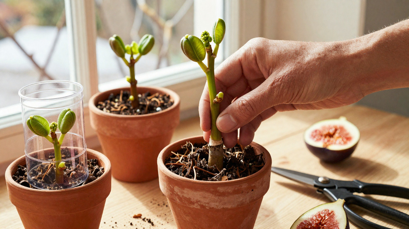 Mãos a transplantar muda de planta em vaso de barro, com outras mudezas e frutas cortadas na mesa.