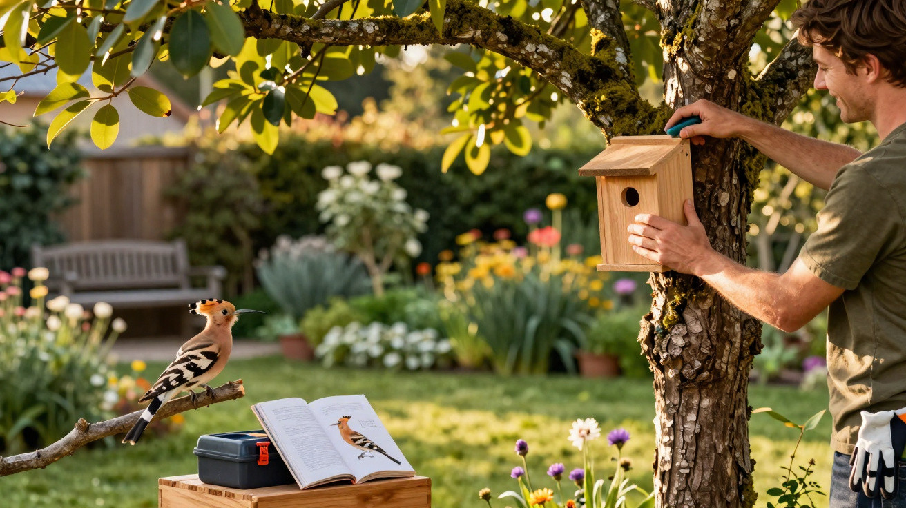 Homem instala caixa-ninho numa árvore, com pássaro pousado próximo e livro aberto sobre pássaros num jardim florido.
