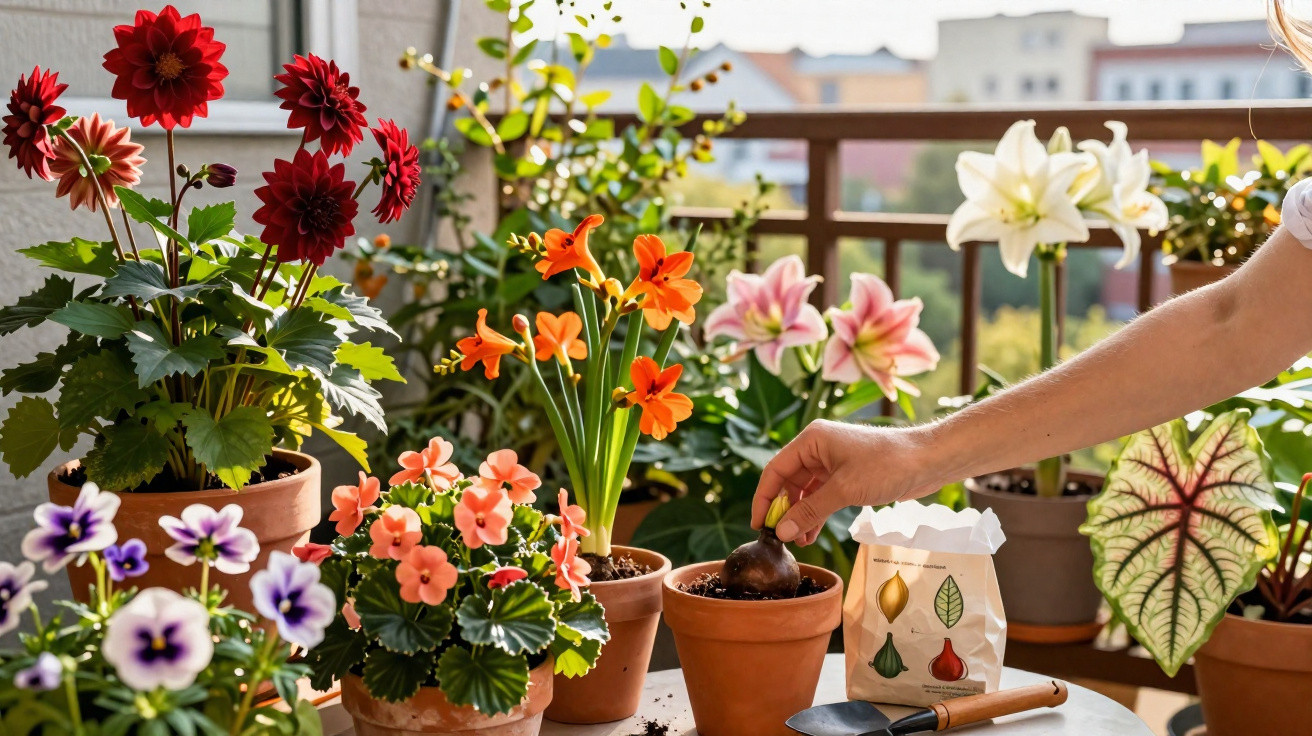 Mão a plantar bulbo em vaso entre várias flores coloridas num terraço iluminado pelo sol.