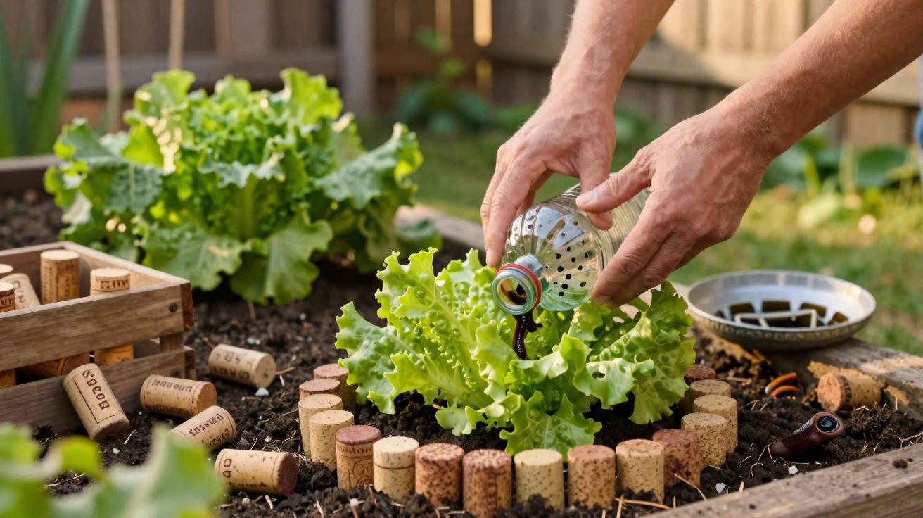 Mãos a aplicar fertilizante líquido numa planta de alface num jardim delimitado por rolhas de cortiça.