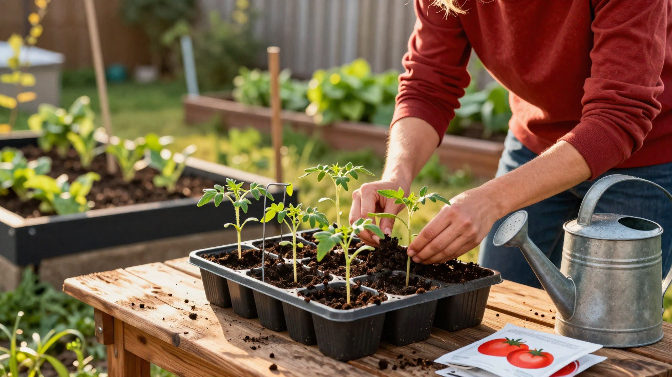 Pessoa a transplantar pequenas plantas para um tabuleiro de cultivo num jardim com regador e sementes de tomate.