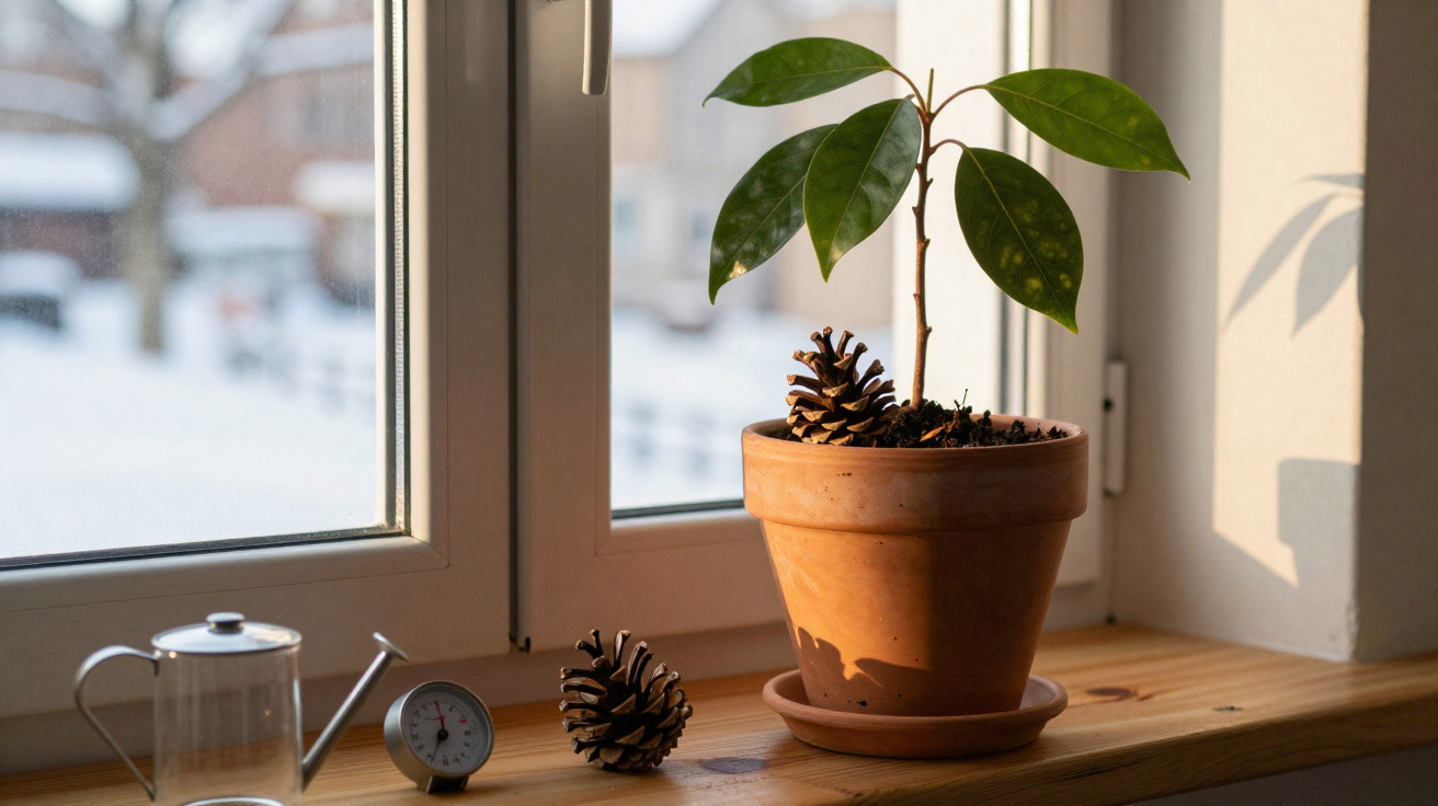 Vaso de barro com planta e pinhas numa janela de madeira, luz natural ilumina a cena.