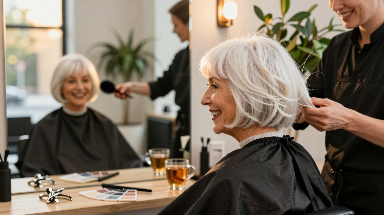 Mulher idosa sorridente a ser penteada num cabeleireiro com cabelo branco curto e roupa preta.