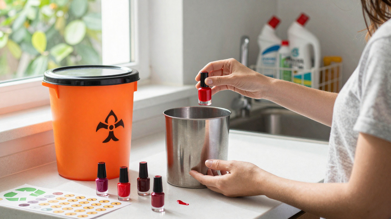 Pessoa a descartar verniz de unhas num recipiente metálico num ambiente com depósito para resíduos perigosos.