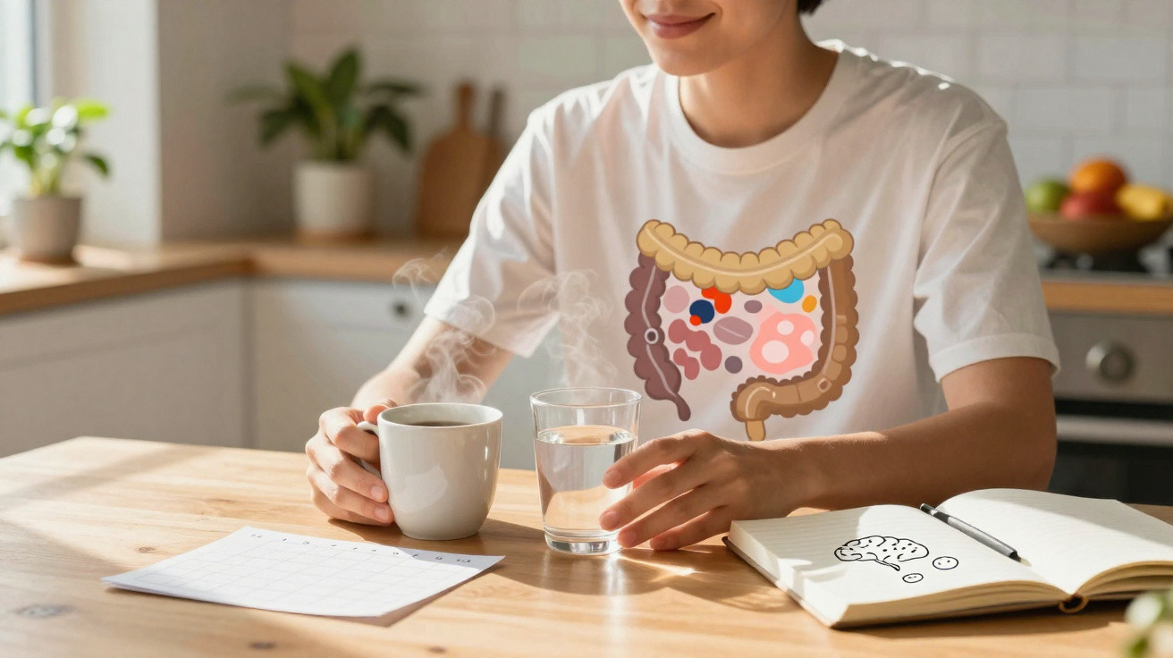 Pessoa com ilustração do intestino no peito segurando chá e copo de água numa cozinha.