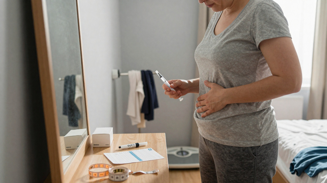 Mulher com expressão preocupada segura seringa e toca a barriga numa casa, perto de mesa com materiais médicos.