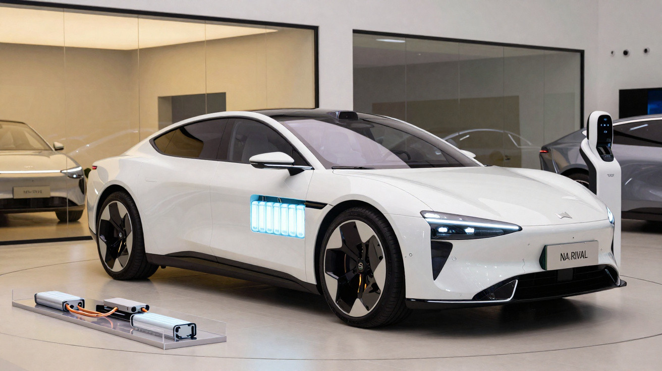 Carro elétrico branco em exposição, ladeado por estação de carregamento e baterias visíveis.