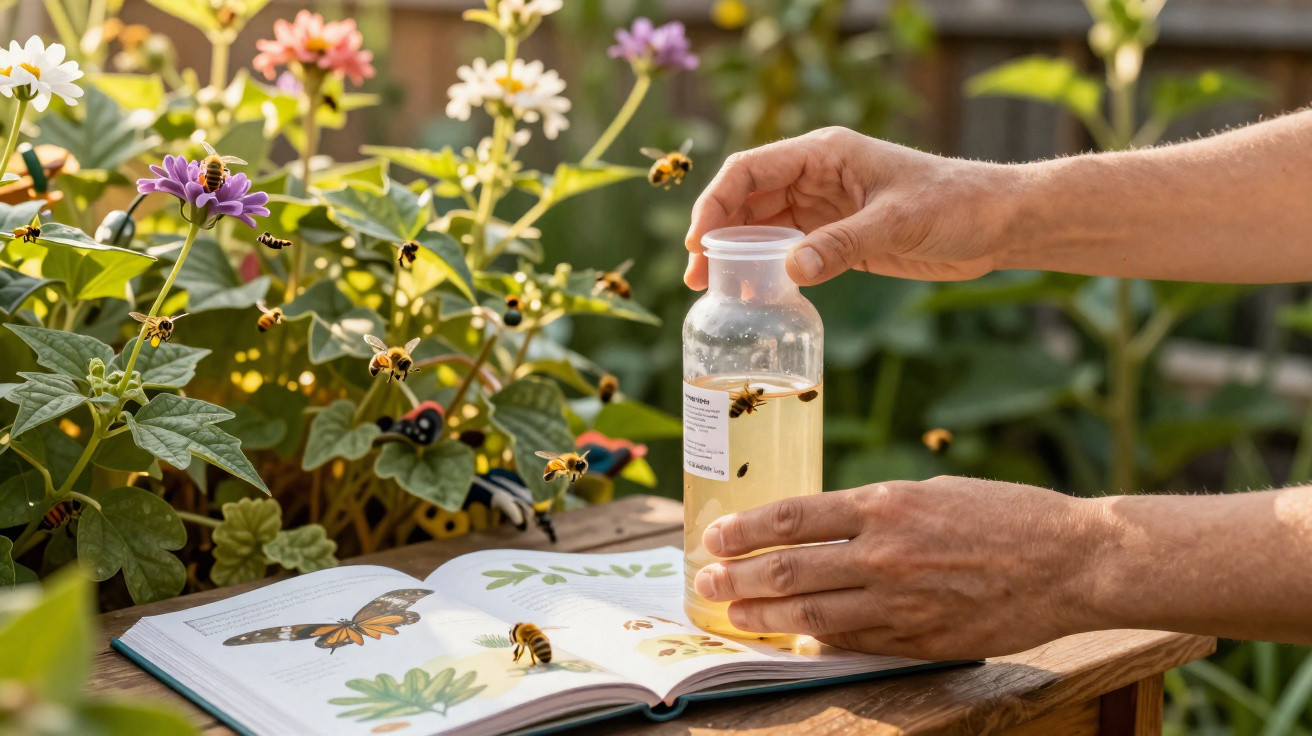 Mãos seguram frasco com líquido perto de livro aberto de ilustração de borboleta, rodeado por abelhas e flores.