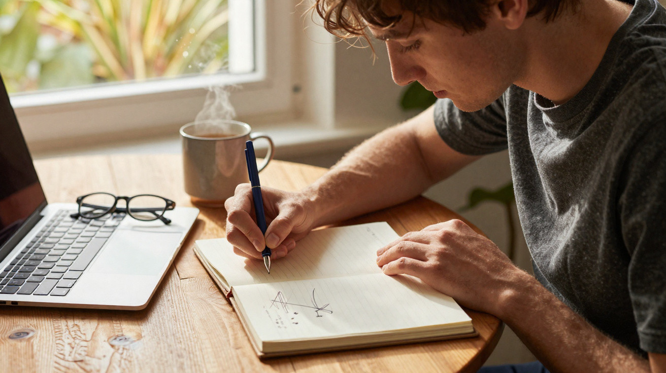 Jovem a desenhar gráficos em caderno, com portátil, óculos e chá quente numa mesa de madeira.