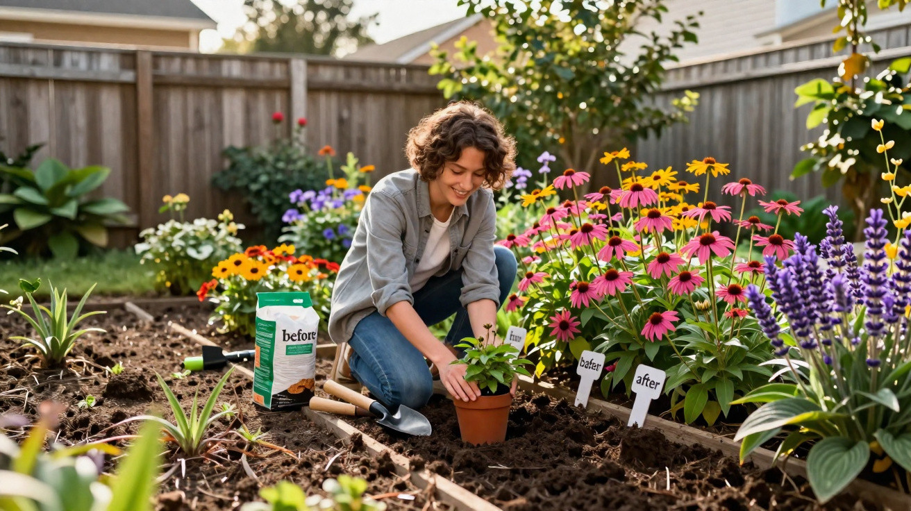 Pessoa a plantar flor num vaso num jardim com flores coloridas e solo preparado.