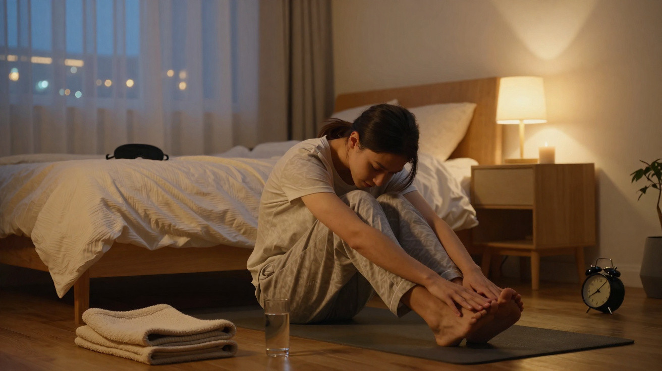 Mulher sentada no chão da cama, a alongar os pés numa noite iluminada por candeeiro e vela.